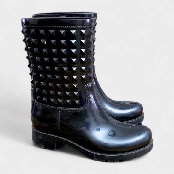 Valentino Garavani Black Rockstud Rain Boots - Size 8 - Picture 1 of 9
